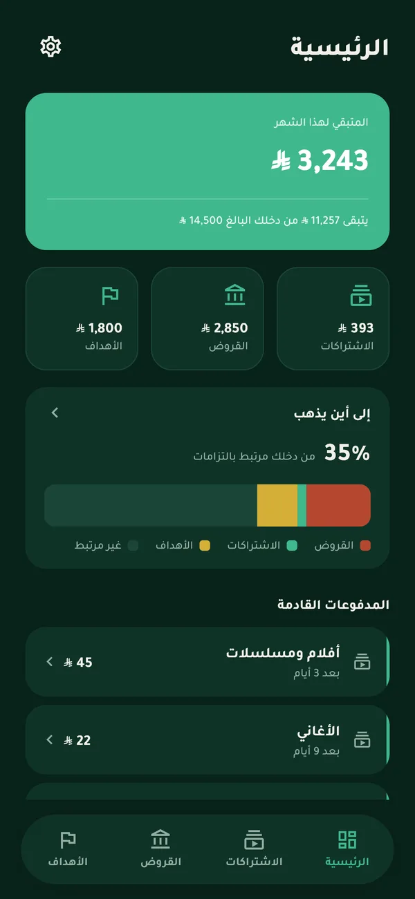 الشاشة الرئيسية بالوضع الداكن مع ملخص الشهر