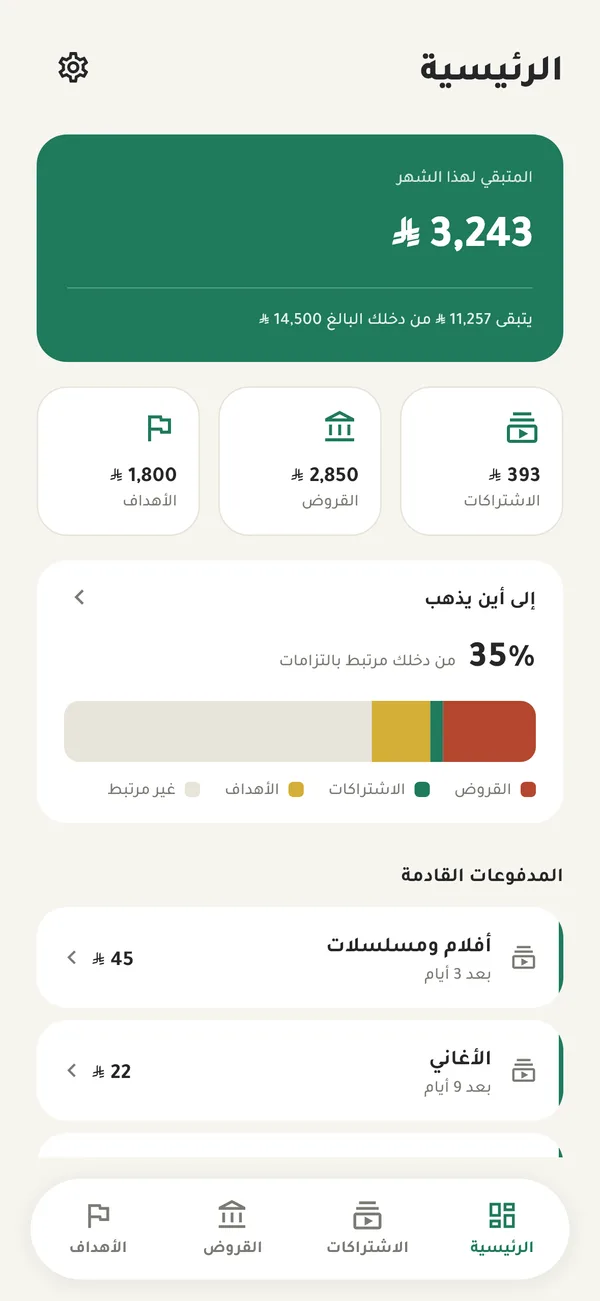 الشاشة الرئيسية في ريالي: المبلغ المتبقي للدفع هذا الشهر والمدفوعات القادمة