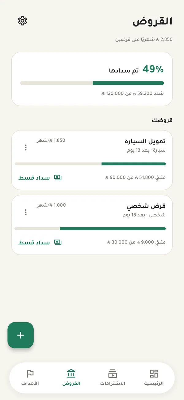 شاشة القروض مع نسبة السداد والمبلغ المتبقي