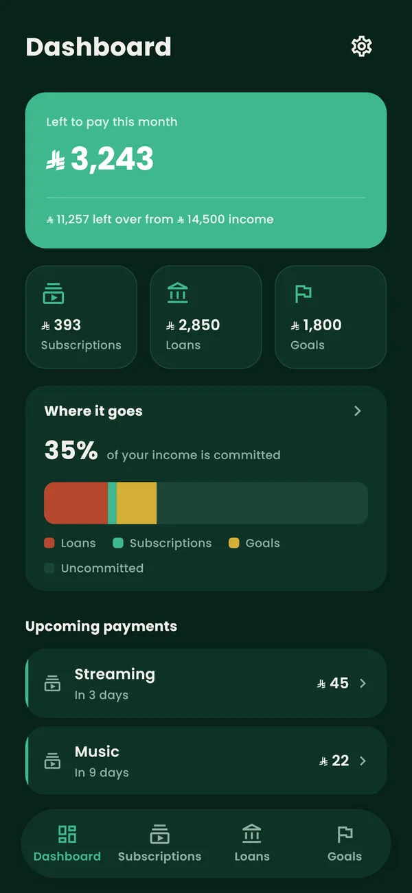 The home screen in dark mode with the month's summary